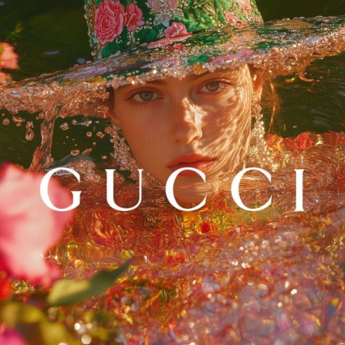 Gucci Kollektion – Frau mit Hut mit Blumenmuster umgeben von Kristallen, luxuriöser Lifestyle bei Closory